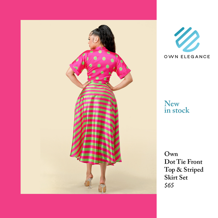 Own Dot Tie Front Top & Striped Skirt Set