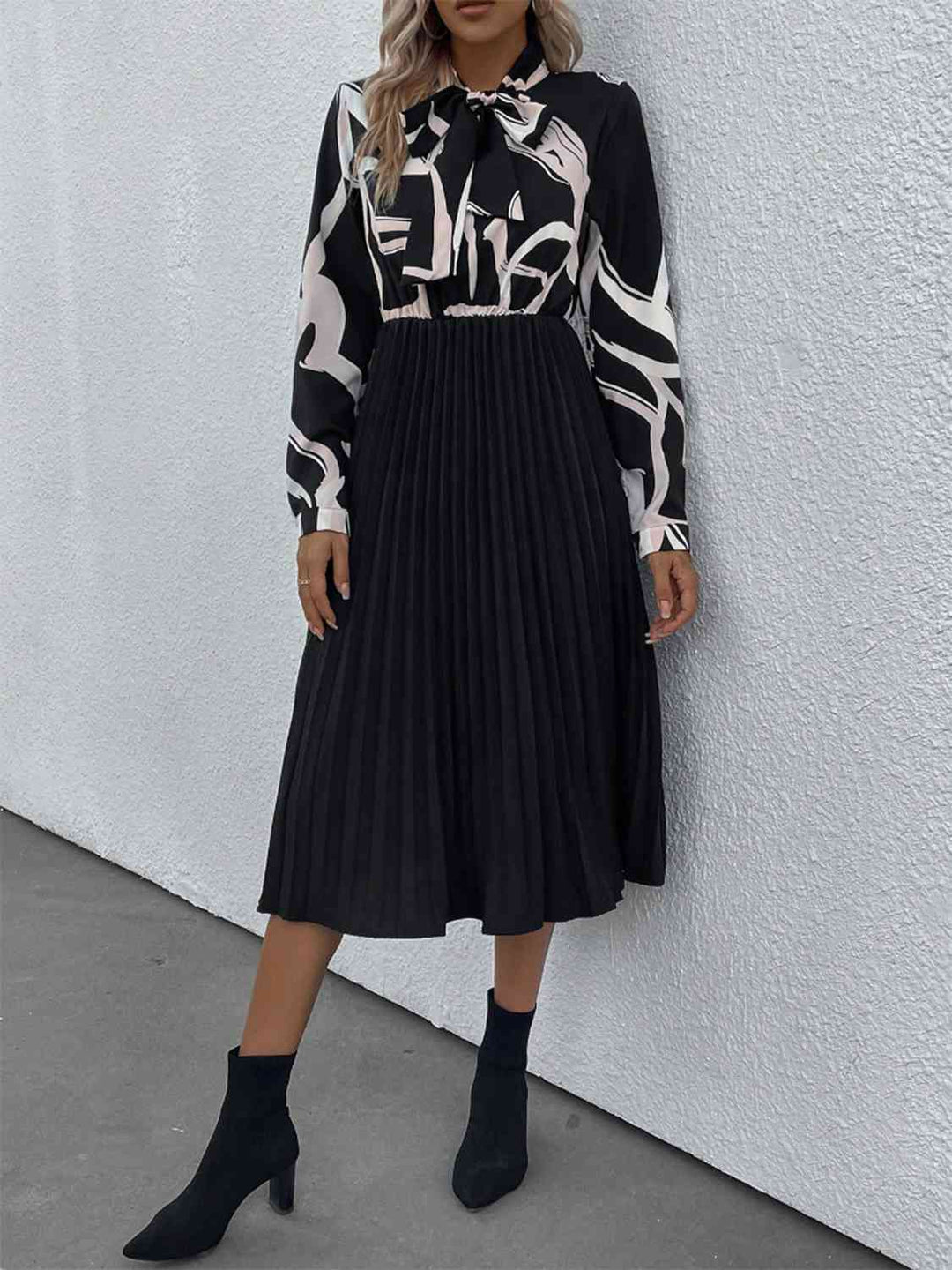 Tie Neck Long Sleeve Pleated Dress