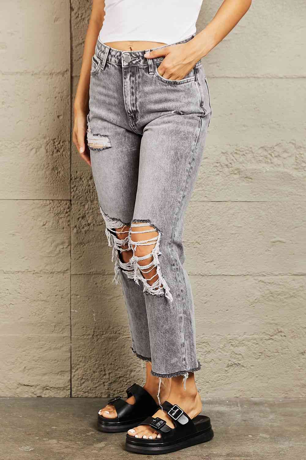 Distressed Cropped Straight Jeans