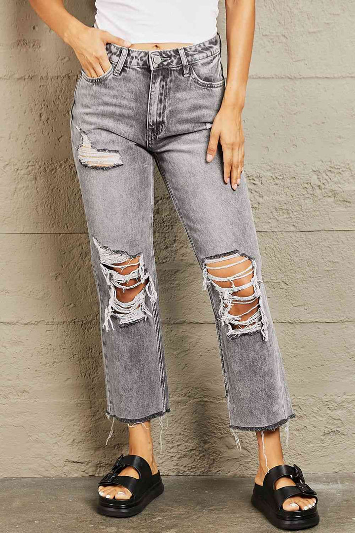 Distressed Cropped Straight Jeans