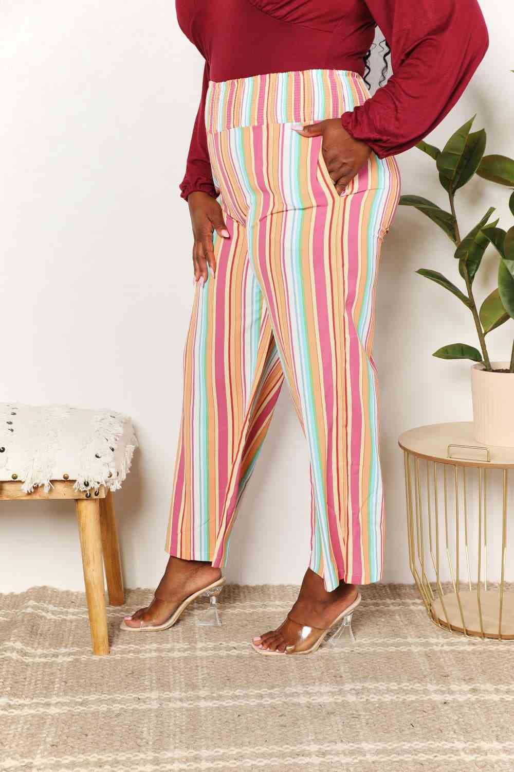 Striped Smocked Waist Pants with Pockets