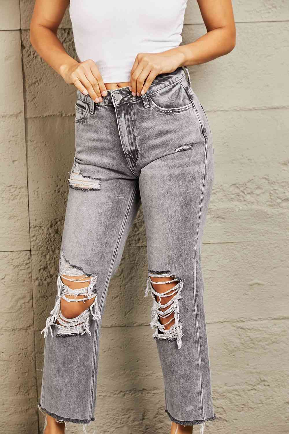 Distressed Cropped Straight Jeans