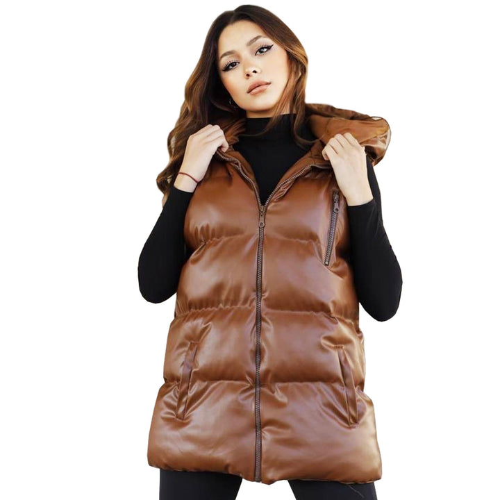 Sleeveless Hooded Brown Puffer