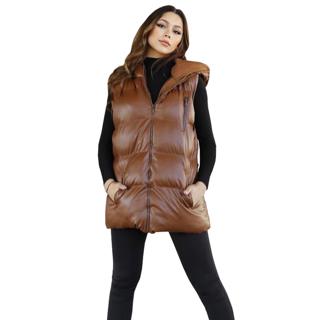 Sleeveless Hooded Brown Puffer